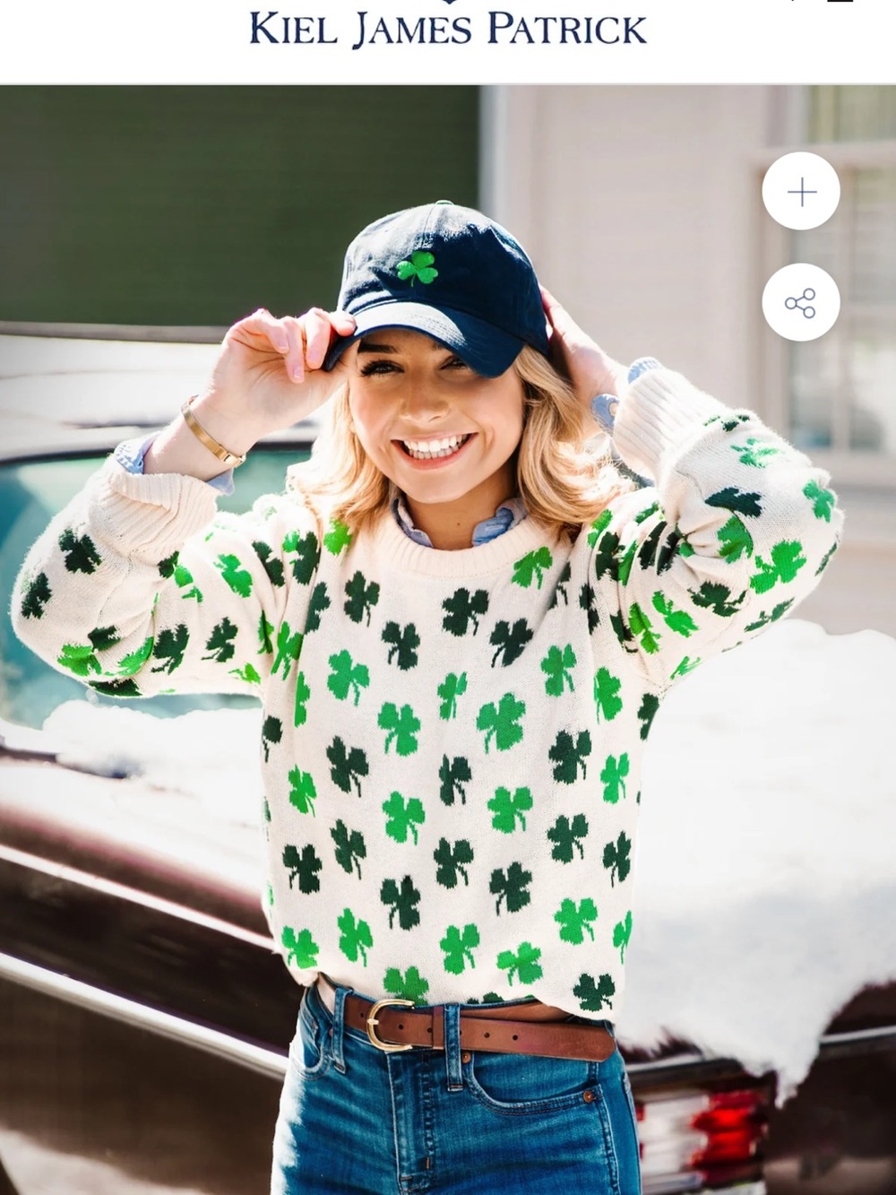 Kiel James Patrick Cream Crewneck Sweater with Green Shamrock Print
